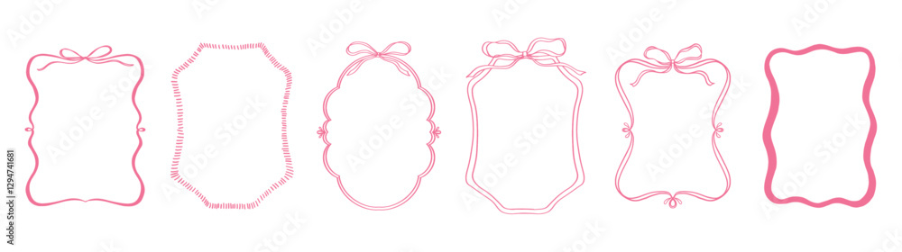 Cute frame with ribbon and bow set. Pink color hand drawn doodle vector illustration. Decorative border.