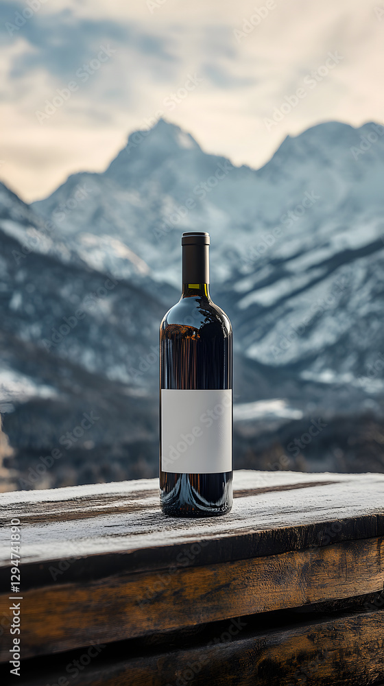 A wine bottle on a wooden surface, with snow-capped mountains in the background. A wine bottle on a wooden surface, with snow-capped mountains in the background.