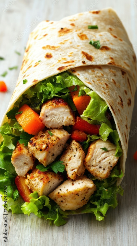 Grilled chicken wrap filled with fresh lettuce and bell peppers ready to be served for a healthy lunch Grilled chicken wrap filled with fresh lettuce and bell peppers ready to be served for a healthy lunch