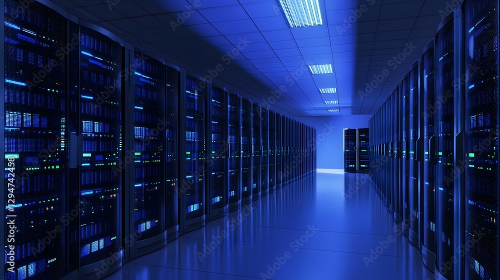 Fototapeta premium Interior view of a high-tech server room with rows of servers illuminated in blue light
