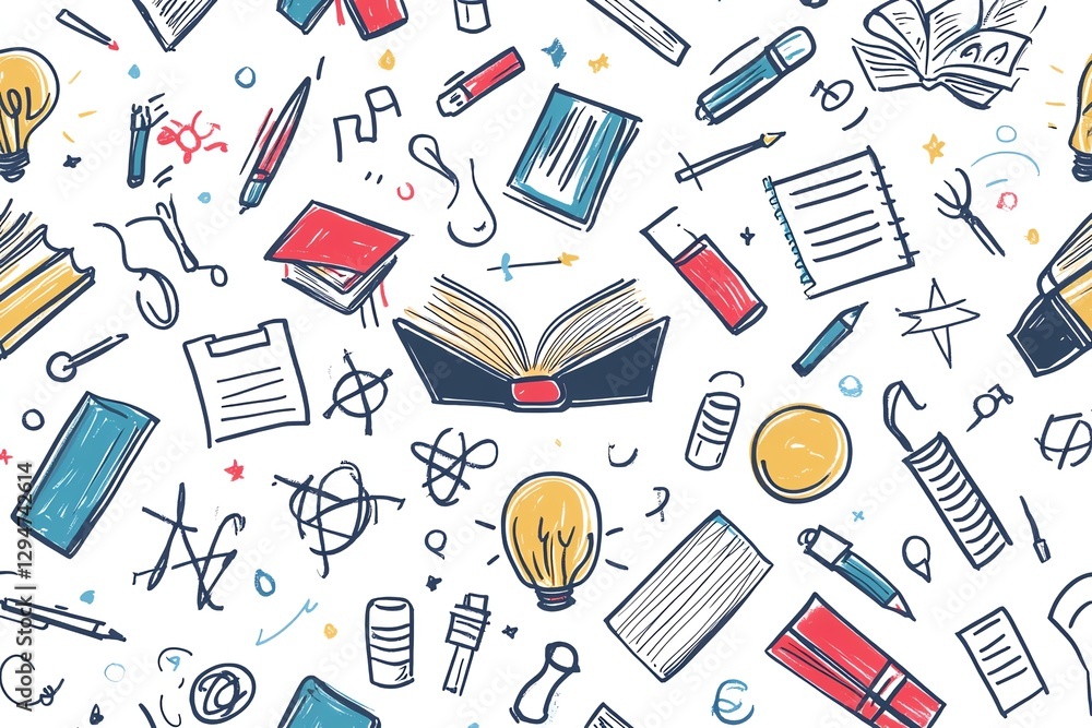 Back to school vector seamless pattern, handsketched doodle background with books, graduation caps, science symbols, artistic and fun design Back to school vector seamless pattern, handsketched doodle background with books, graduation caps, science symbols, artistic and fun design