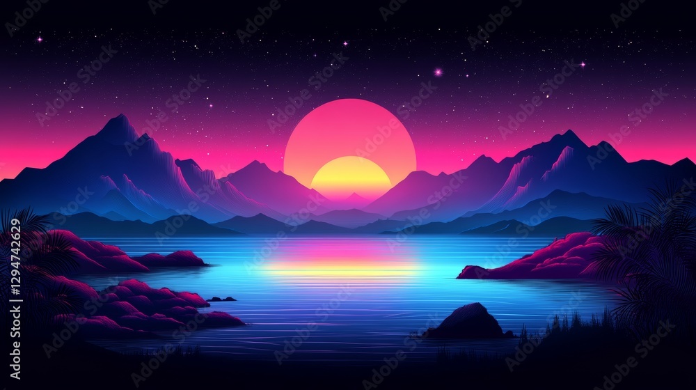 Fototapeta premium A simple 3D abstract design featuring a retro grid on one side, in vibrant red disco music colors. A neon 80s and 90s retrowave wireframe with a chrome road, set against a cyberpunk futuristic