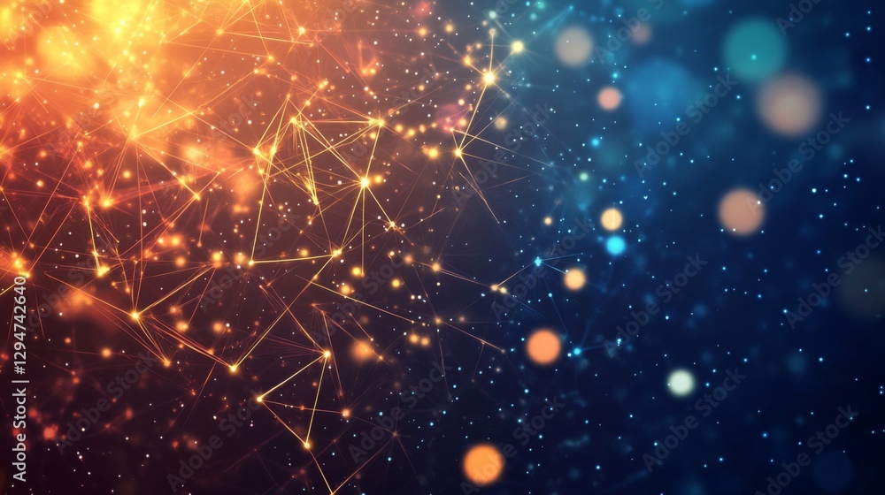 Obraz premium Abstract Orange And Blue Network Background With Glowing Particles