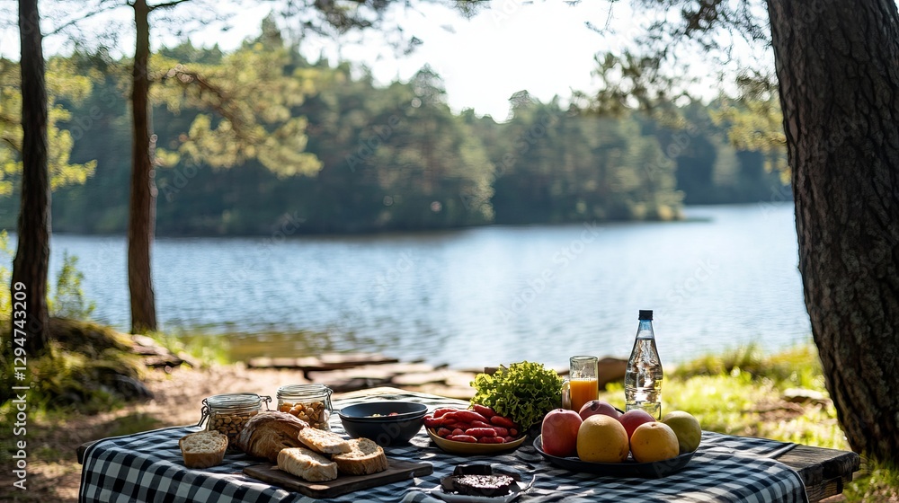 A basket filled with tomatoes, lemons, bread, and apples rests on a picnic blanket in a sunny summer forest park, highlighting a healthy food lifestyle with a green grass field in the background, A basket filled with tomatoes, lemons, bread, and apples rests on a picnic blanket in a sunny summer forest park, highlighting a healthy food lifestyle with a green grass field in the background,