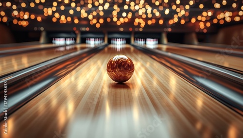 A striking image of a bowling ball striking pins in a bowling alley, enhanced by lively lights and a sense of motion. Sports concept.