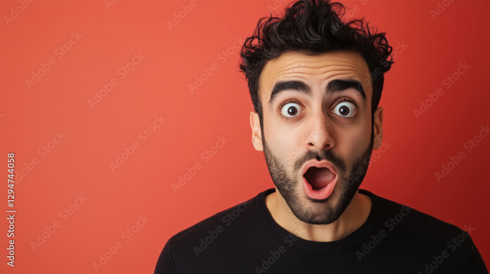 Young Middle-Eastern Man in His 20s Expressing Surprise with Wide Eyes and Slightly Open Mouth Against a Solid Red Background Young Middle-Eastern Man in His 20s Expressing Surprise with Wide Eyes and Slightly Open Mouth Against a Solid Red Background