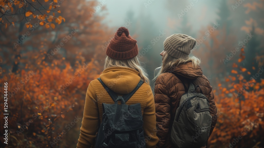 Two women backpacking in a forest, surrounded by trees and natural landscape Two women backpacking in a forest, surrounded by trees and natural landscape