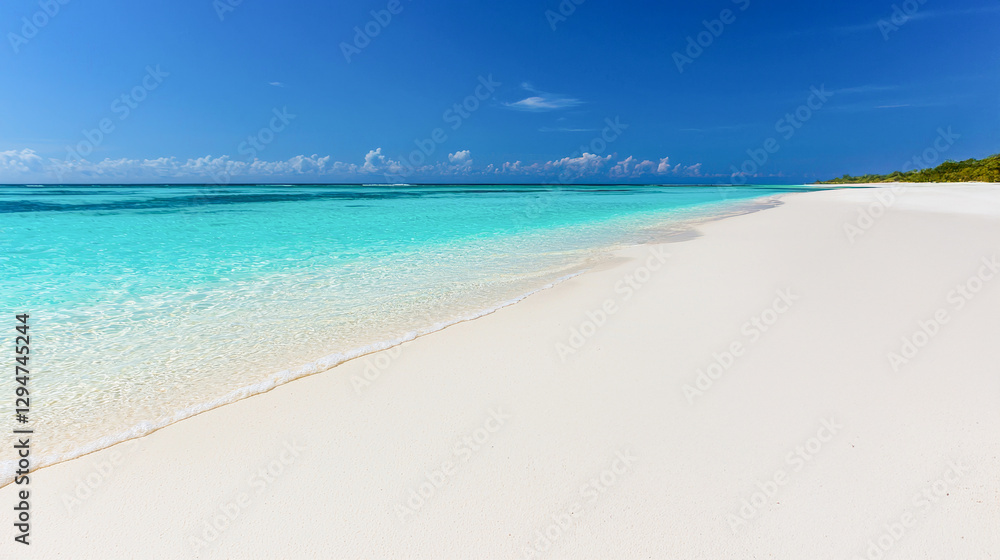 Scenic view of pristine tropical beach with soft white sand crystal-clear turquoise water and deep blue sky. Summer vacation, exotic travel destination, island getaway, ocean relaxation, beach holiday Scenic view of pristine tropical beach with soft white sand crystal-clear turquoise water and deep blue sky. Summer vacation, exotic travel destination, island getaway, ocean relaxation, beach holiday