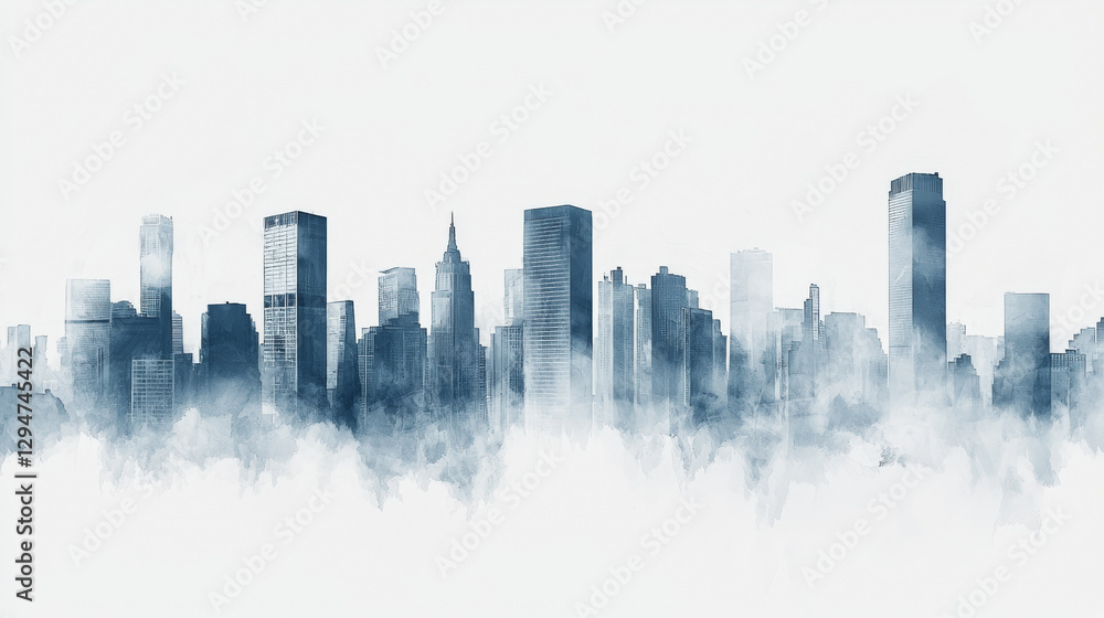 Obraz premium Watercolor illustration of modern city skyline with skyscrapers emerging from mist in monochrome blue tones. Concept of urban landscape, architecture, metropolitan design, contemporary cityscape