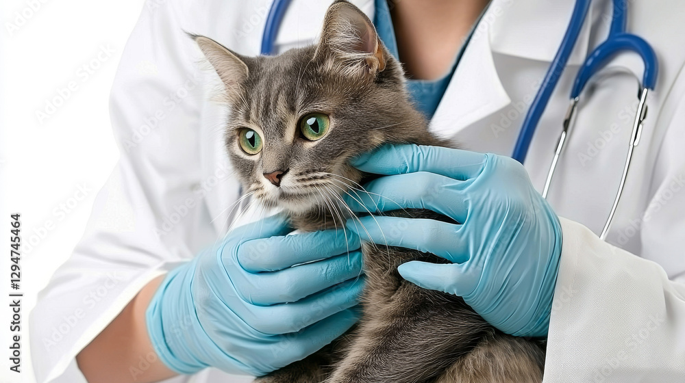 Female Veterinarian in White Coat and Blue Gloves Examining Cat. Concept of Animal Care, Veterinary Medicine, Pet Health, Professional Veterinarian Female Veterinarian in White Coat and Blue Gloves Examining Cat. Concept of Animal Care, Veterinary Medicine, Pet Health, Professional Veterinarian
