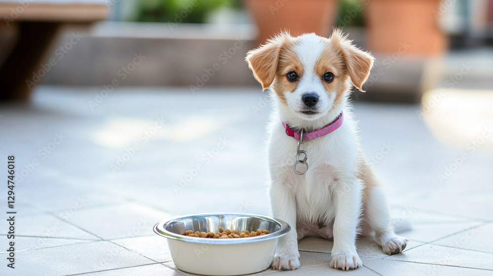 Adorable Puppy Sitting Next to Food Bowl on Sunny Patio. Concept of Cute Dog, Young Pet Care, Playful Animals, Relaxing Moments, Puppy Life Adorable Puppy Sitting Next to Food Bowl on Sunny Patio. Concept of Cute Dog, Young Pet Care, Playful Animals, Relaxing Moments, Puppy Life