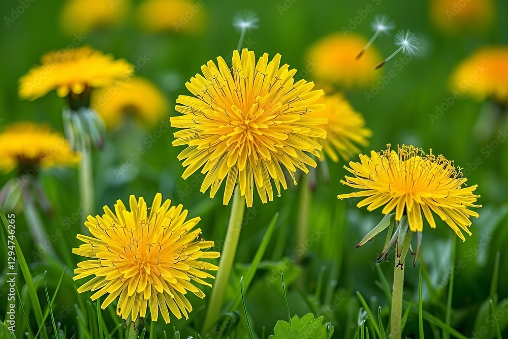 Vibrant Yellow Dandelions and Fluffy Seeds in Close-up with Soft Blurred Background Vibrant Yellow Dandelions and Fluffy Seeds in Close-up with Soft Blurred Background