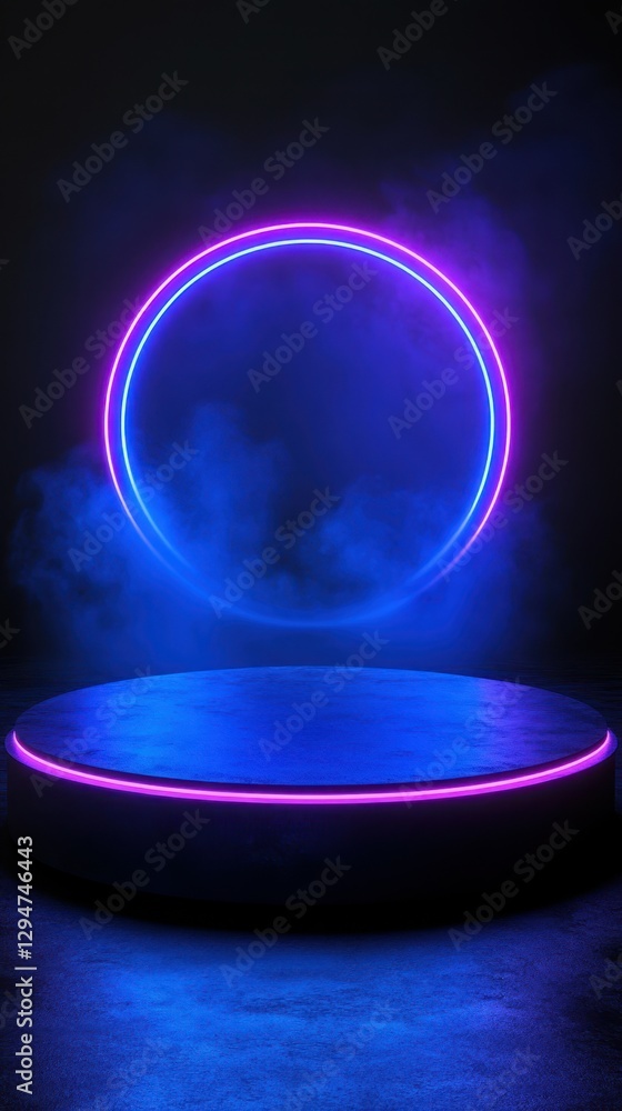 Obraz premium Dynamic neon stage with circular lighting and atmospheric haze, ideal for performances or presentations in an artistic setting