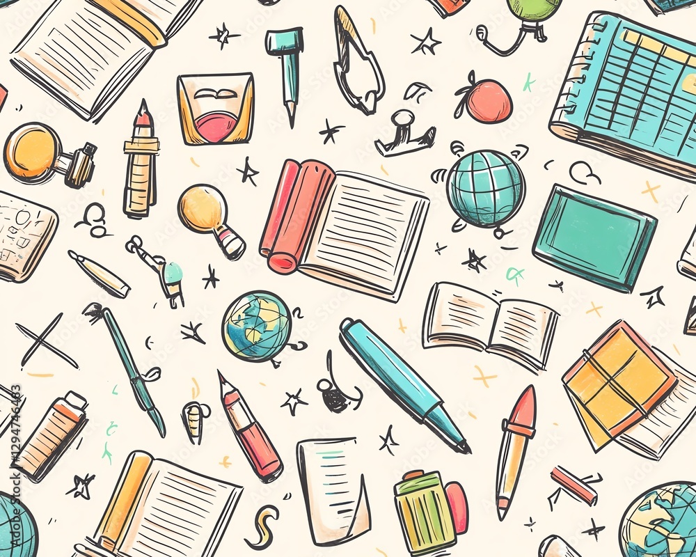 Handdrawn school theme seamless pattern, cute and detailed doodle background with writing tools, textbooks, globes, and learning icons, vector design Handdrawn school theme seamless pattern, cute and detailed doodle background with writing tools, textbooks, globes, and learning icons, vector design