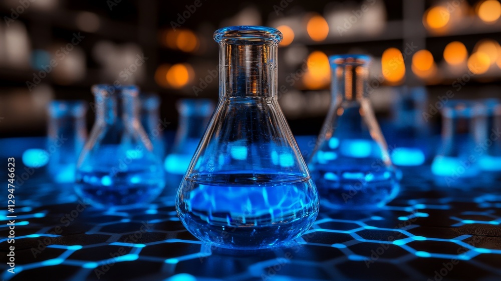 An image of a polygonal lab set against a blue backdrop with blank space for adding text, suitable for presentations. Represents science, chemistry, and technology research. Includes a flask An image of a polygonal lab set against a blue backdrop with blank space for adding text, suitable for presentations. Represents science, chemistry, and technology research. Includes a flask