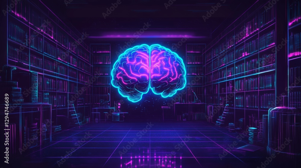 Fototapeta premium A neon blue brain cortex, illuminated on a dark backdrop, highlighting the connection between intelligence, science, anatomy, technology, and innovation in neuroscience