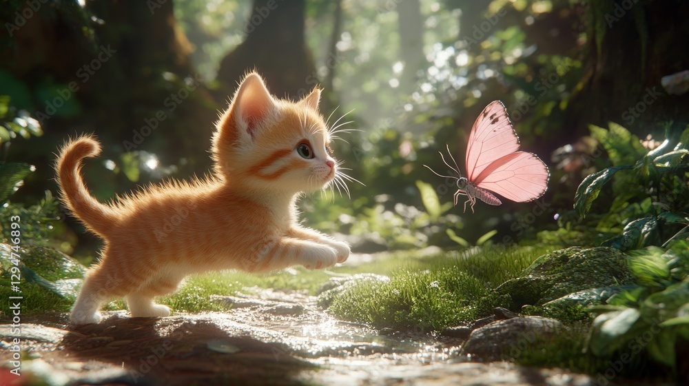 Obraz premium In the early morning light, a cute kitten and a magical pink butterfly with cartoon-like qualities float in the sky above a green forest. This playful domestic pet makes an ideal desktop wallpaper
