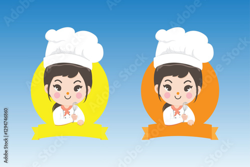 A cartoon chef character in uniform cooking in the kitchen with a hat and cap, representing a child in a restaurant, making dinner in a fun, colorful illustration
