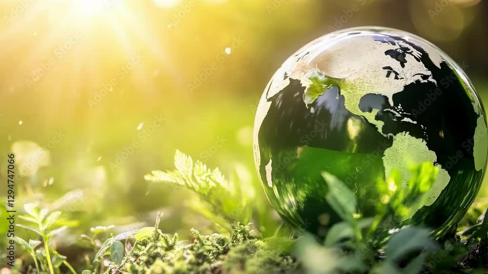 A green glass globe spins around its axis, reflecting dappled sunlight through the dense canopy above. Earth day A green glass globe spins around its axis, reflecting dappled sunlight through the dense canopy above. Earth day