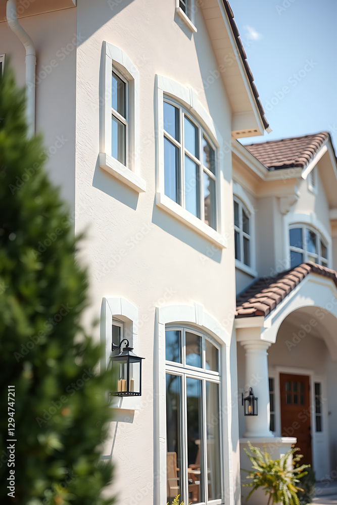 Fototapeta premium Elegant Home Exterior: Modern Architecture and Classic Design. Discover luxury real estate with stunning architecture, featuring large windows and a beautiful facade.