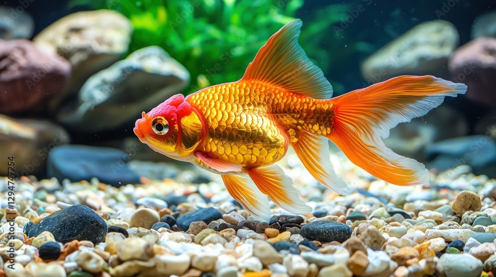 Obraz premium Red-capped goldfish swimming aquarium gravel background