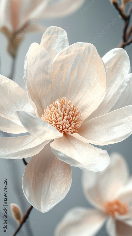 Obraz premium The stunning magnolia flower displays large, creamy petals that curl gracefully around a cluster of delicate stamens. This striking bloom captures the essence of spring's beauty and elegance