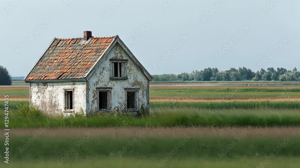 Abandoned house in a vast, grassy field under a clear sky on a sunny day Abandoned house in a vast, grassy field under a clear sky on a sunny day