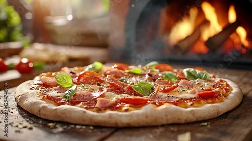 Delicious pizza, outdoor oven, rustic setting