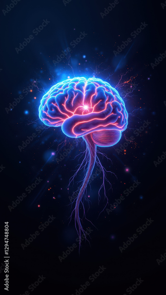 Fototapeta premium Brain with glowing connections against a starry background. AGI illustration.