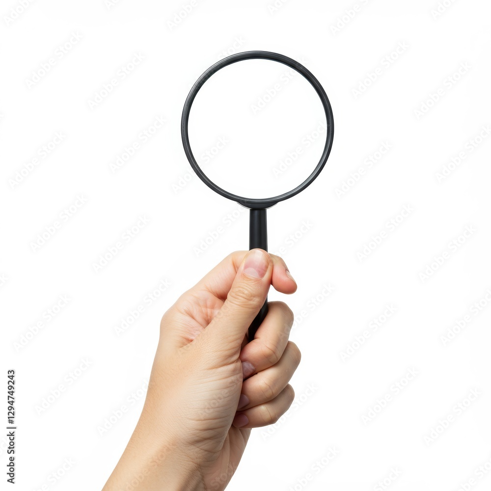 Photo of a hand holding a magnifying glass with a black frame, positioned vertically against a white background.
Photo of a hand holding a magnifying glass with a black frame, positioned vertically against a white background.