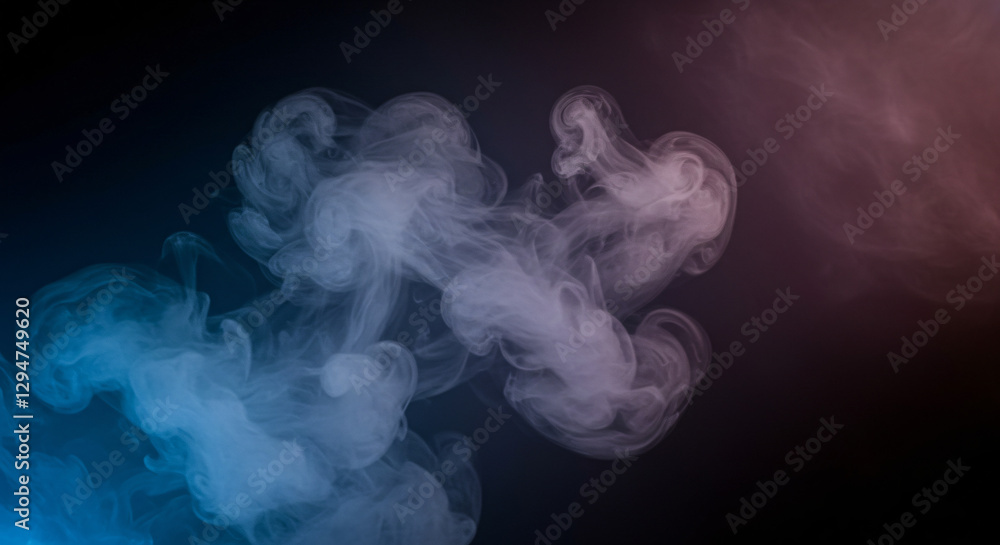Obraz premium Swirling smoke in blue and pink hues on dark background. Abstract vapor texture. Mysterious atmosphere for design projects. Ethereal visual effect with copy space