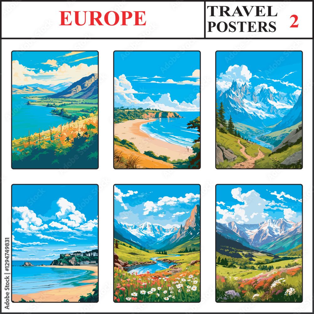 Europe Danube River St Brelade Jersey Grandes Jorasses Mountain Travel Poster Wall Art Print Set 2