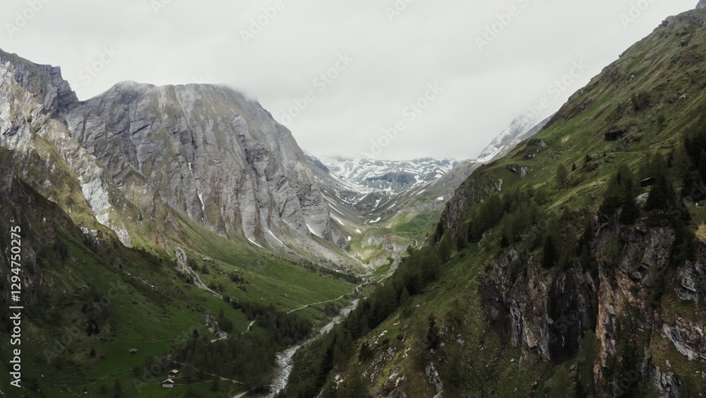 Naklejka premium A mountain valley with steep rocky slopes, green hills overgrown with a dense spruce forest, rocky peaks covered with snow and a village in a lowland between the mountains. Drone video, Austria