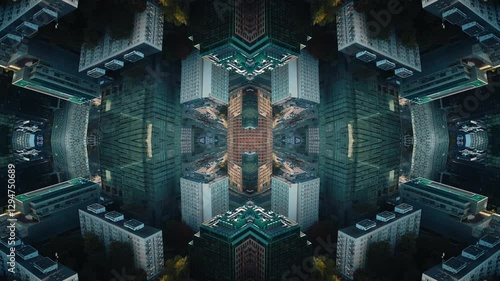 mirrored fractal effect of modern tall skyscraper building and urban city environment, symmetry glass and metal exterior, creative tech abstract background 4k, immersive geometric pov