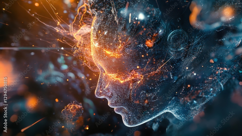 A digital art piece featuring a human face with glowing orange and yellow eyes, surrounded by a swirling blue and orange background. A digital art piece featuring a human face with glowing orange and yellow eyes, surrounded by a swirling blue and orange background.