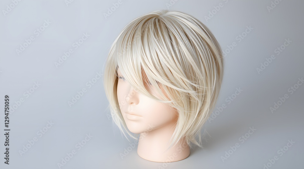 Stylish blonde short wig displayed on a mannequin, showcasing modern hairdressing trends and elegant design. Stylish blonde short wig displayed on a mannequin, showcasing modern hairdressing trends and elegant design.