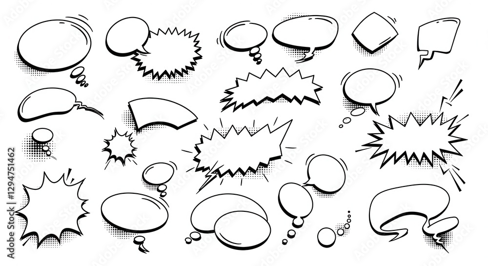Fototapeta premium Collection of Comic Book Style Speech Bubbles and Dialogue Boxes for Design and Illustration