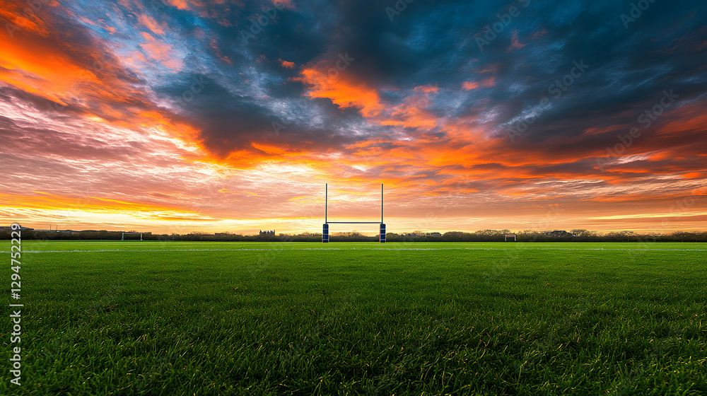 Obraz premium A beautiful rugby field with vivid green grass and goalposts towering under a dramatic sunset sky.