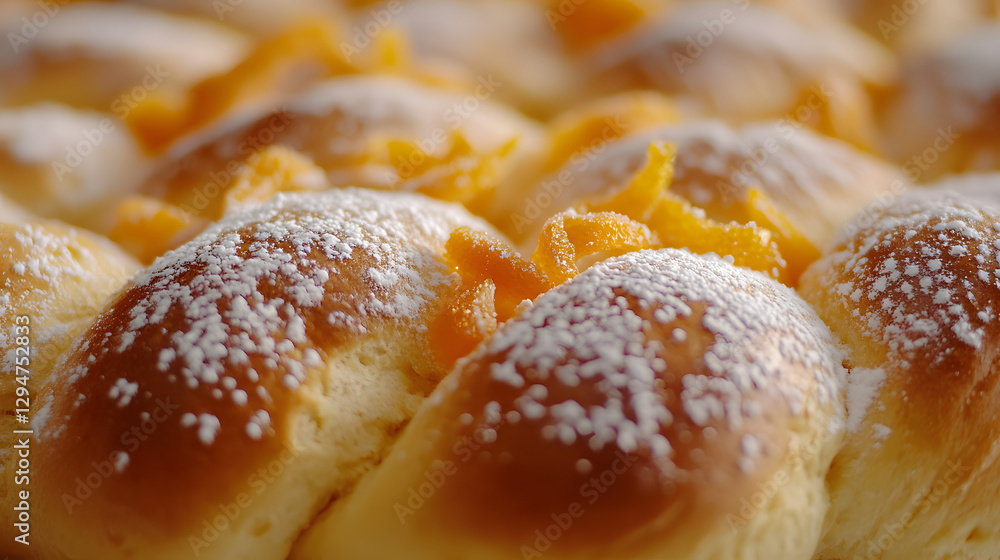A braided sweet bread topped with powdered sugar and candied orange peel sitting on a festive table. A braided sweet bread topped with powdered sugar and candied orange peel sitting on a festive table.