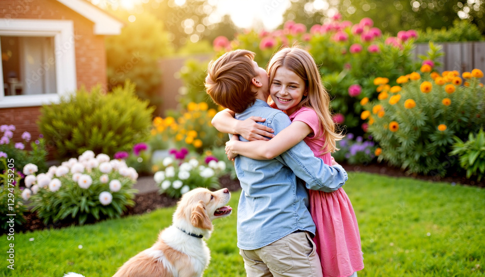 Tight hug. Siblings embracing tightly in vibrant backyard, joyful connection Tight hug. Siblings embracing tightly in vibrant backyard, joyful connection