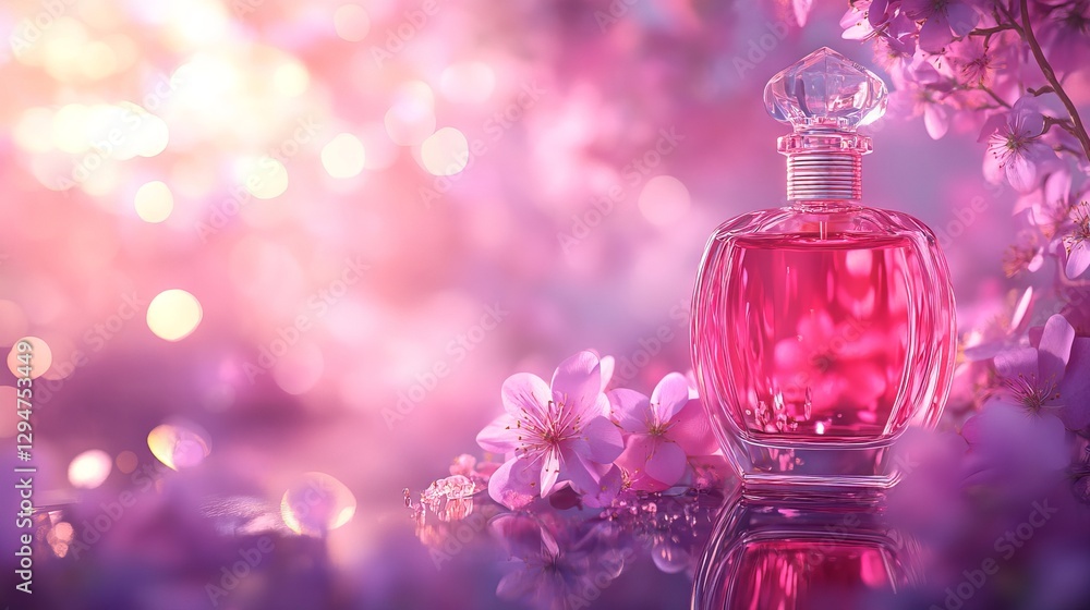 Elegant Pink Perfume Bottle with Delicate Spring Blossoms Soft Romantic Floral Fragrance Beautiful Pink Flowers Luxury Perfume Bottle Design Scented Elegant Pink Perfume Bottle with Delicate Spring Blossoms Soft Romantic Floral Fragrance Beautiful Pink Flowers Luxury Perfume Bottle Design Scented