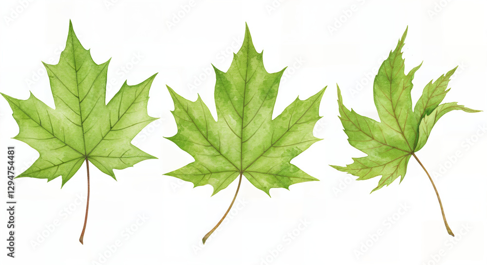 Tres hojas verdes de arce ilustradas en estilo acuarela, aisladas sobre fondo blanco, para proyectos de diseño Tres hojas verdes de arce ilustradas en estilo acuarela, aisladas sobre fondo blanco, para proyectos de diseño