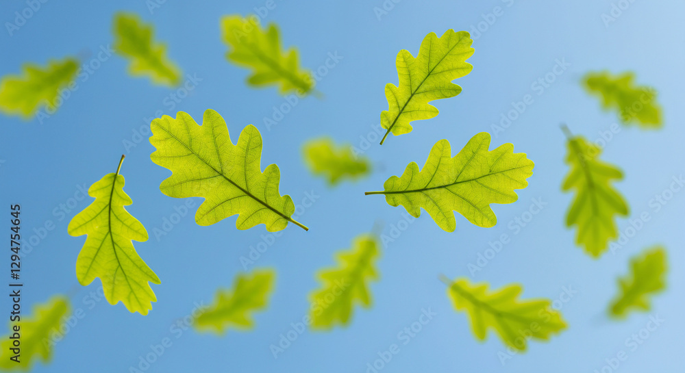 Spring vibe design idea featuring fresh oak leaves floating against blue sky background in eye-catching composition 2025 Spring vibe design idea featuring fresh oak leaves floating against blue sky background in eye-catching composition 2025