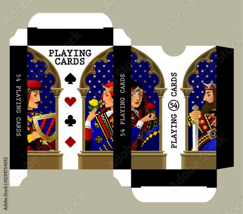 Playing card box template with characters in colorful historical costumes and gothic frames and suit symbols on white background. Vector illustration in 3D style