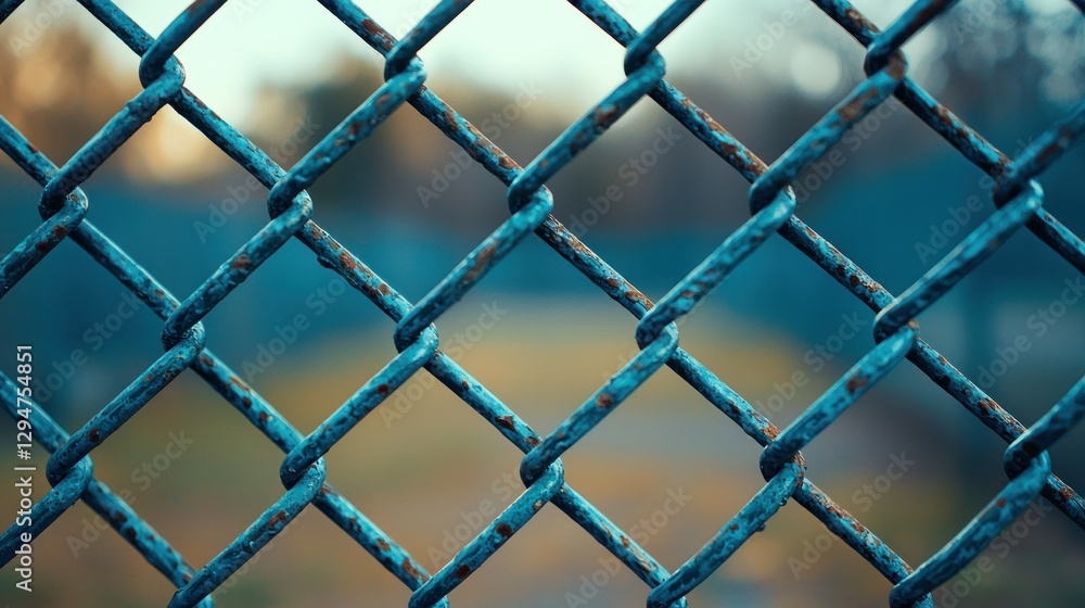 Fototapeta premium Rusty blue chain-link fence, blurred park background