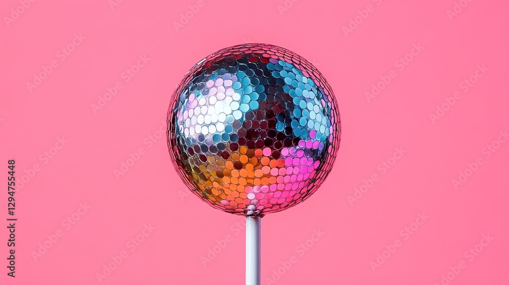 Close-up of a disco ball lollipop, showcasing its fun, playful design Close-up of a disco ball lollipop, showcasing its fun, playful design