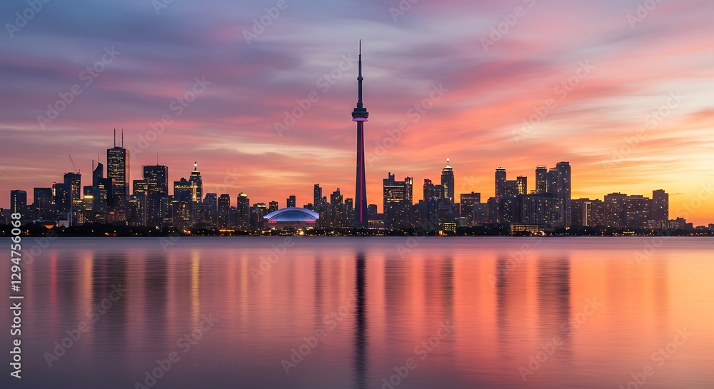 City Skyline at Sunset Reflecting on Water with Tower Silhouette City Skyline at Sunset Reflecting on Water with Tower Silhouette
