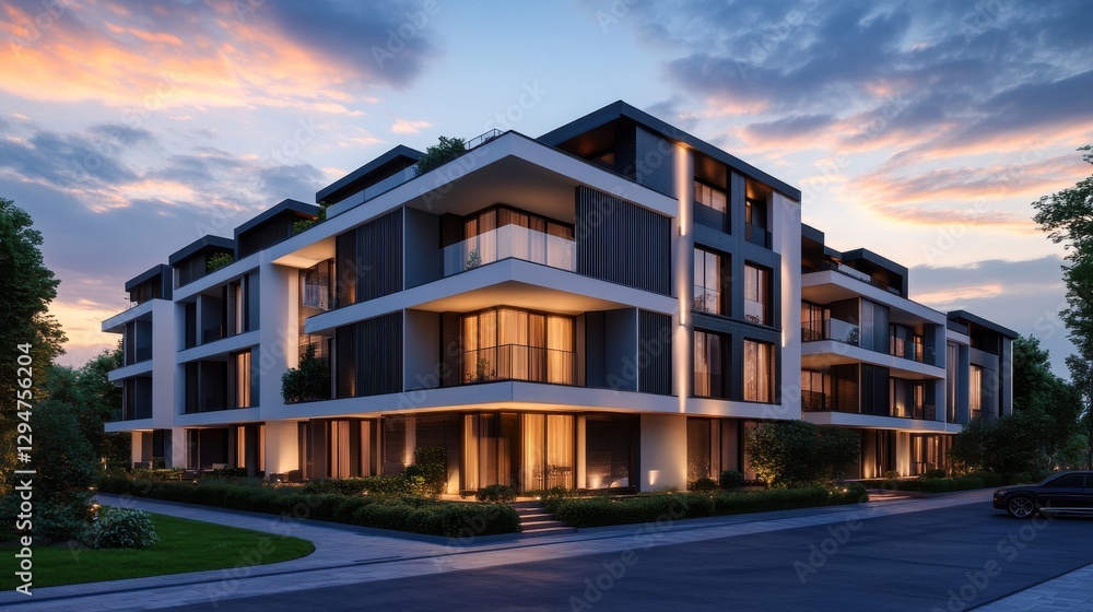 Modern Apartment Complex at Dusk Modern Apartment Complex at Dusk