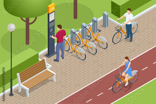 Bike rental. An isometric, vector illustration of a bicycle-sharing station with blue bikes in docking units, plus a payment kiosk featuring a city map for quick rentals