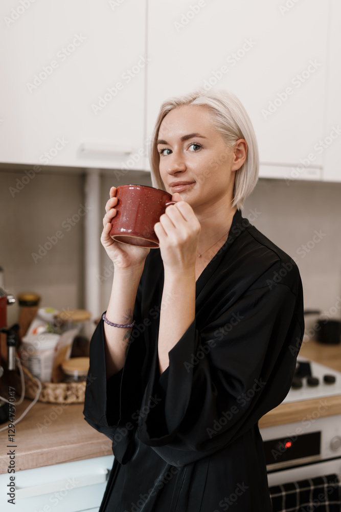A woman with blonde hair enjoys a warm drink from a red mug in a modern kitchen setting, creating a cozy and relaxed atmosphere. A woman with blonde hair enjoys a warm drink from a red mug in a modern kitchen setting, creating a cozy and relaxed atmosphere.